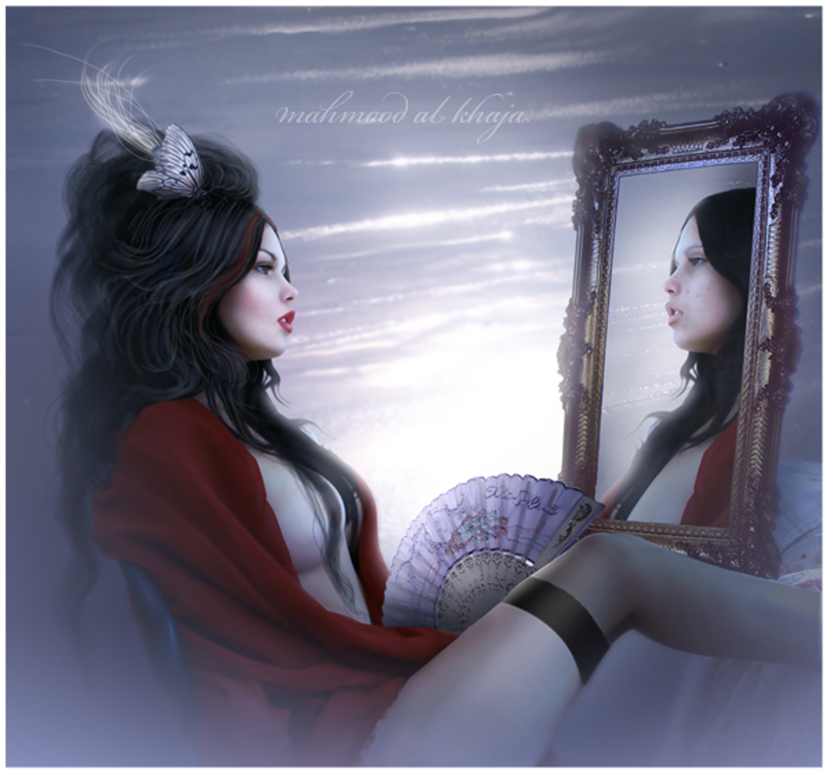 Японка перед мужем. Сказочная девушка. Отражение в зеркале арт. Девушка и зеркало фэнтези. Отражение в зеркале фэнтези.