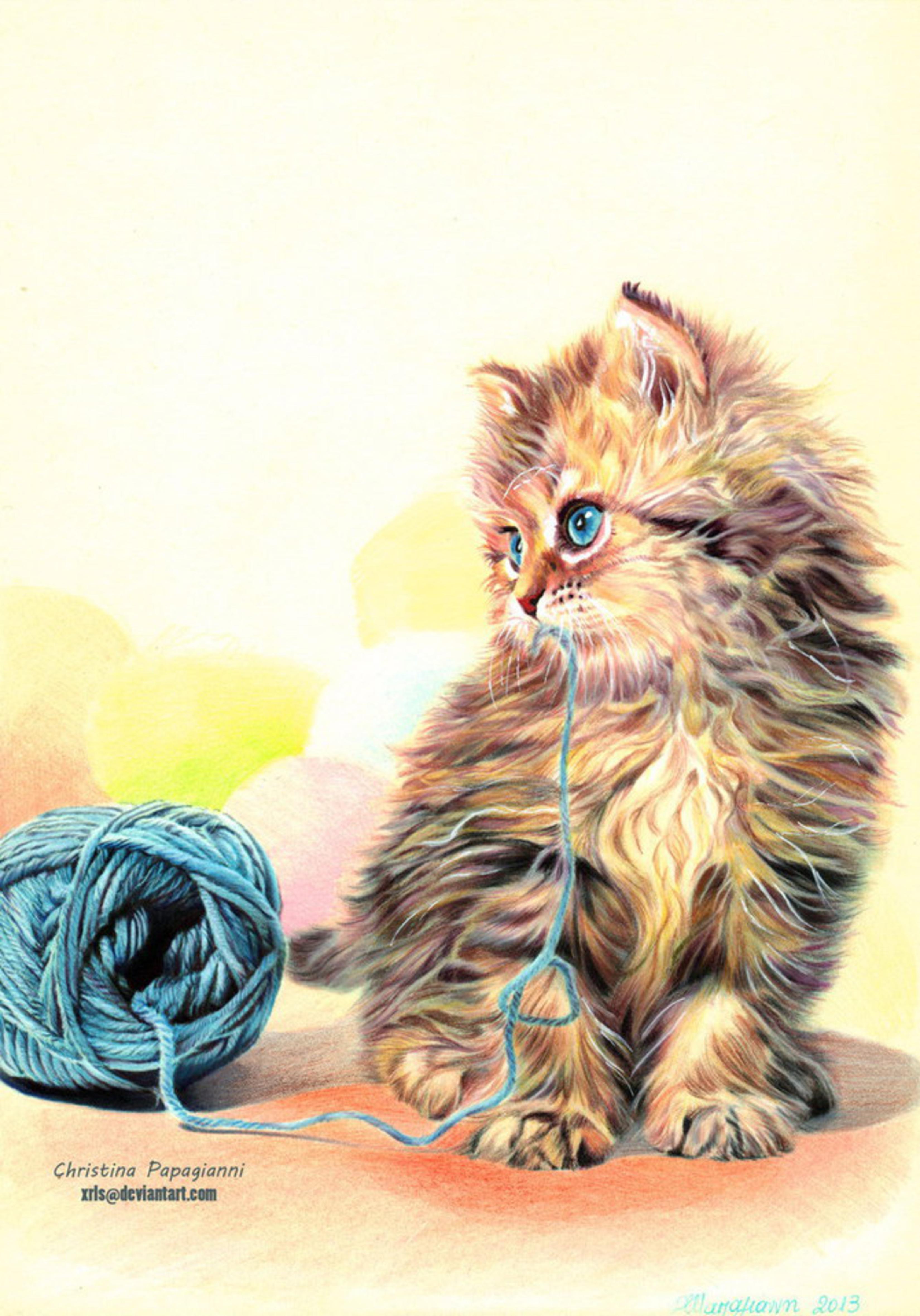 Цветные картинки кошек. Художник Christina Papagianni коты. Кот с клубком. Котёнок и клубок.