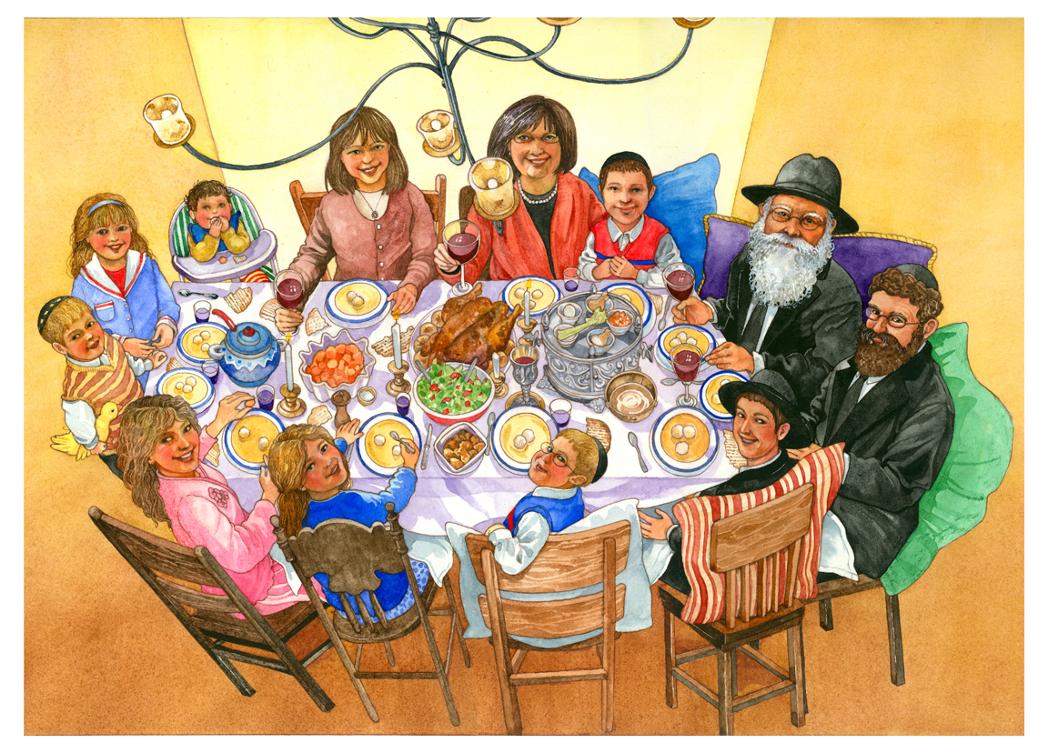 Рассказы приехали родственники. Седер Песах застолье. Еврейская семья, Песах иллюстрации. Семья за праздничным столом.