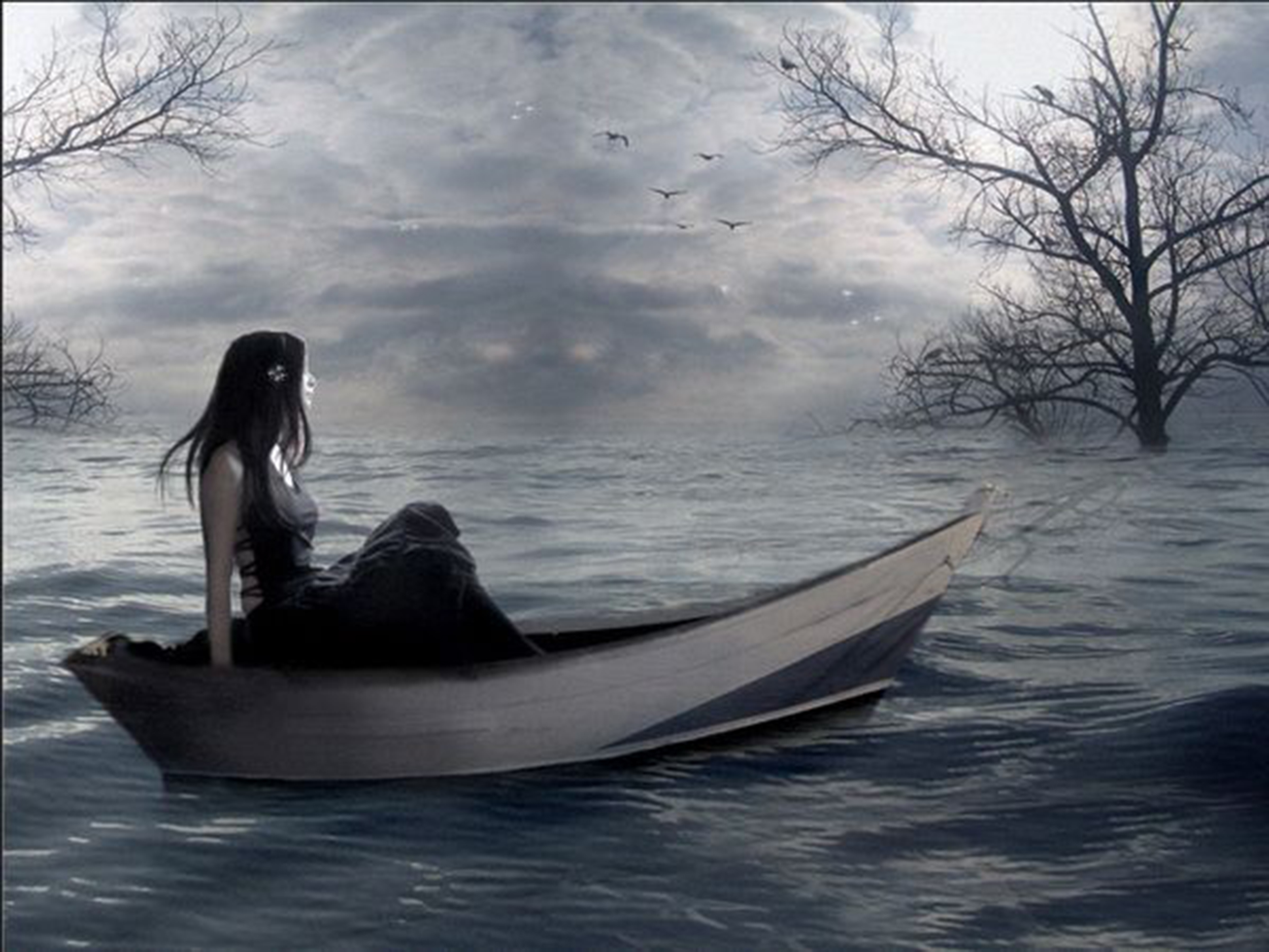 Кругом стало темно. Девушка в лодке. Девушка плывет на лодке. Девушка грустная у лодки. Одинокая лодка.