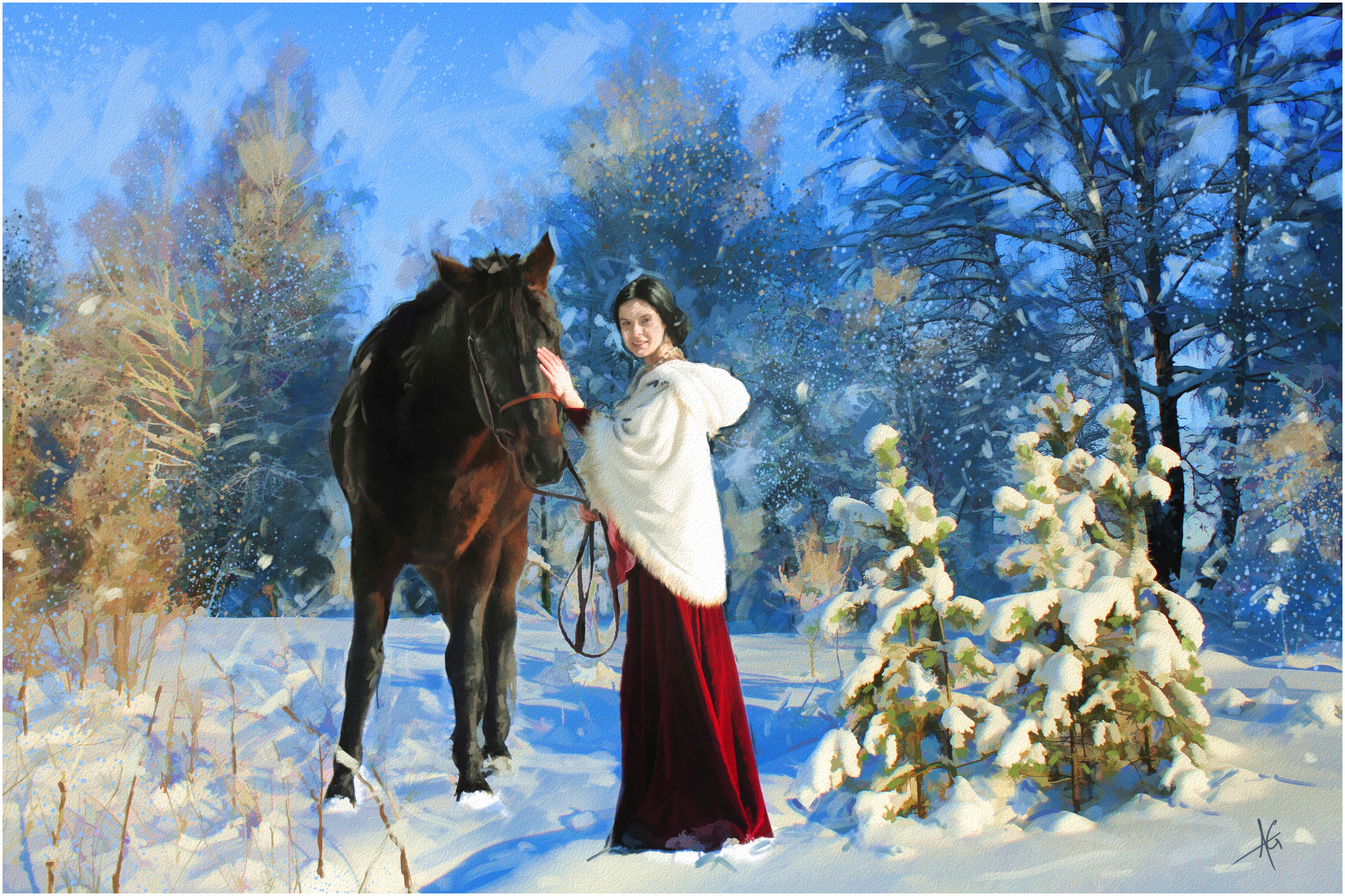 Дама на коне зимой