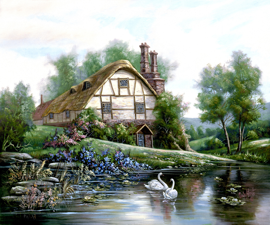 Река домов картина. Пейзаж с домиком. Сказочный домик.