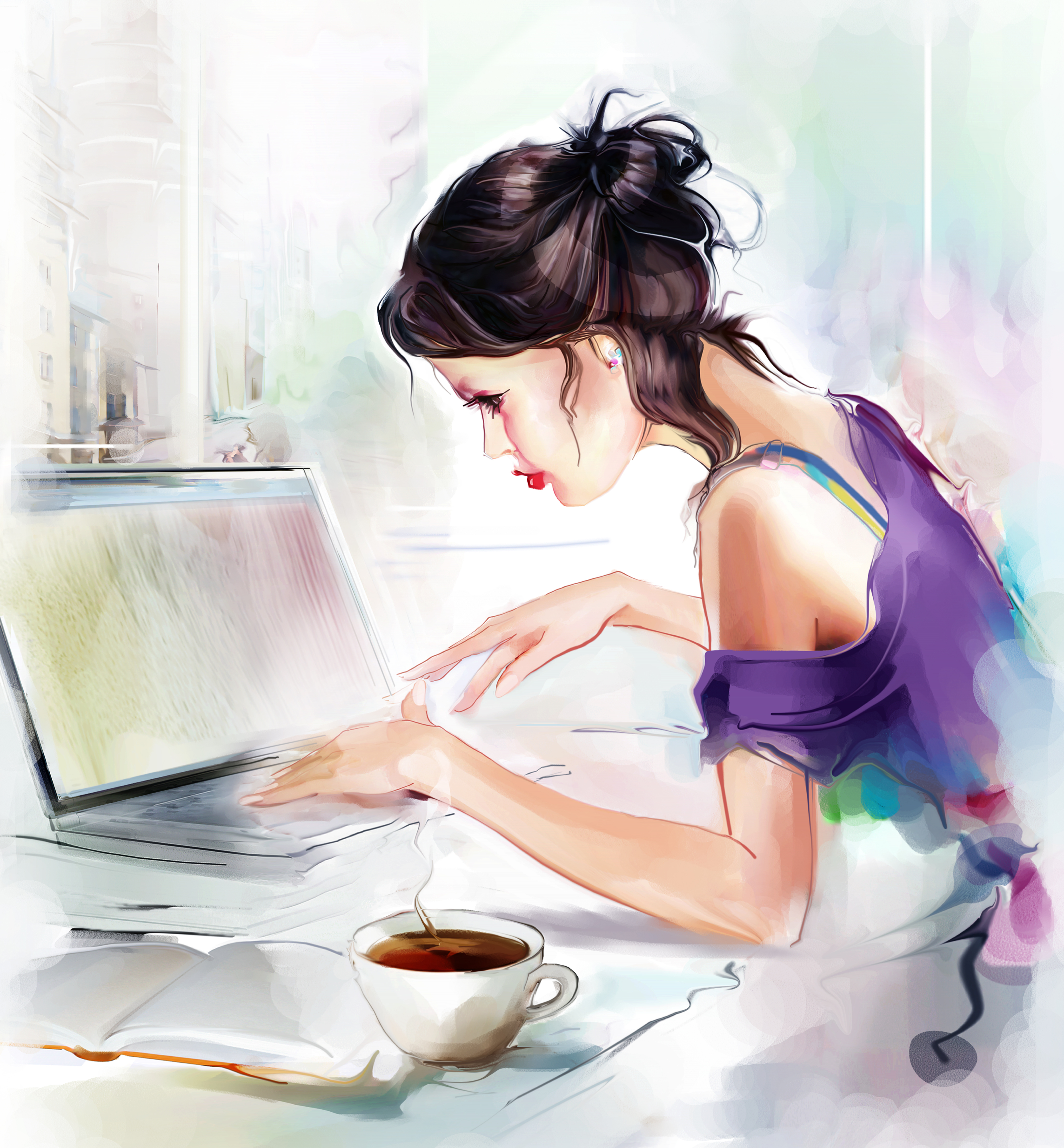 Доброе утро пишет человека. Женщина рисунок. Нарисованная женщина с компьютером. Рисовать девушку. Девушка за рисованием.