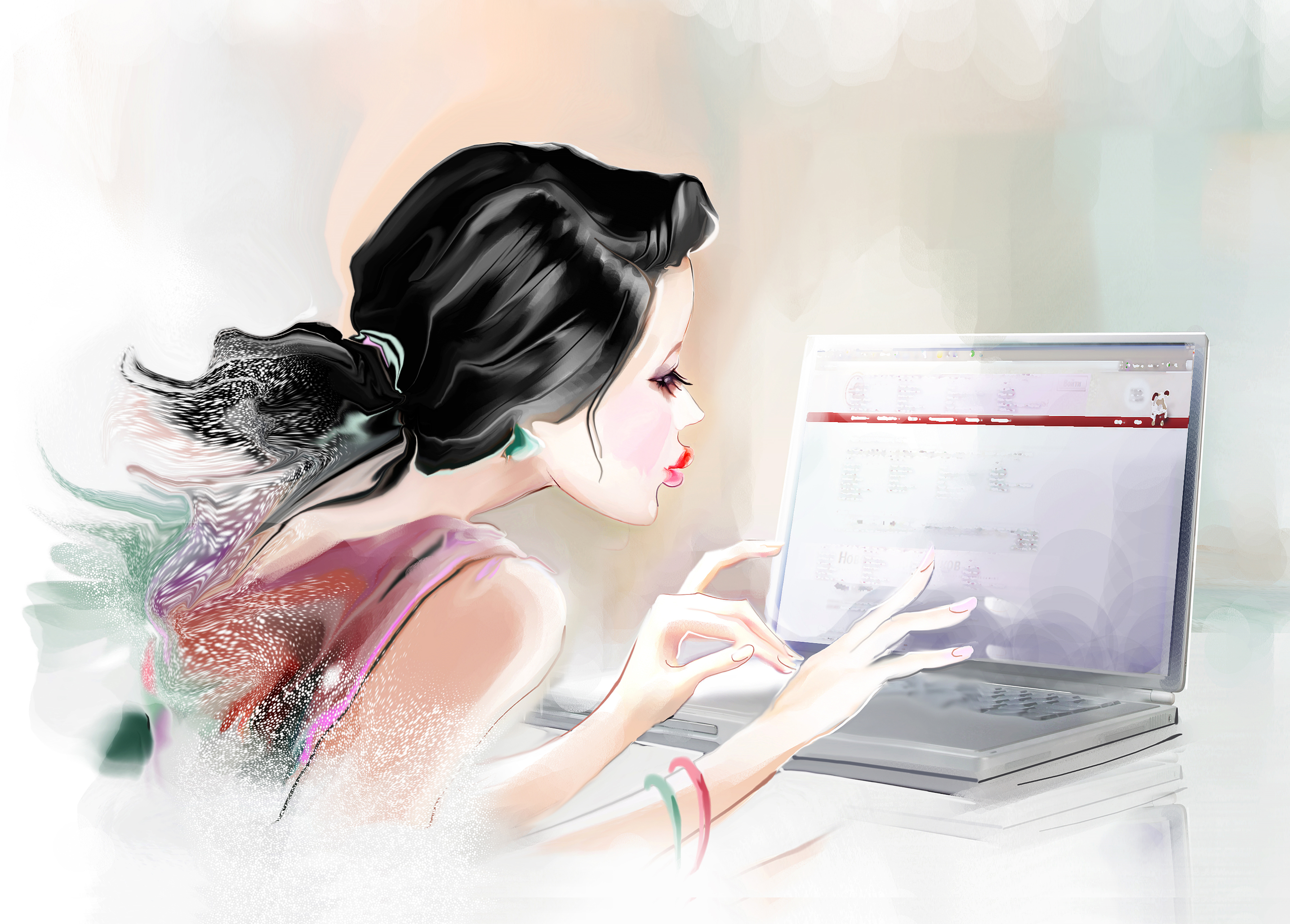 Работа арт. Девушка за компьютером иллюстрация. Девушка с ноутбуком иллюстрация. Рисованная девушка за работой. Девушка с ноутбуком акварель.