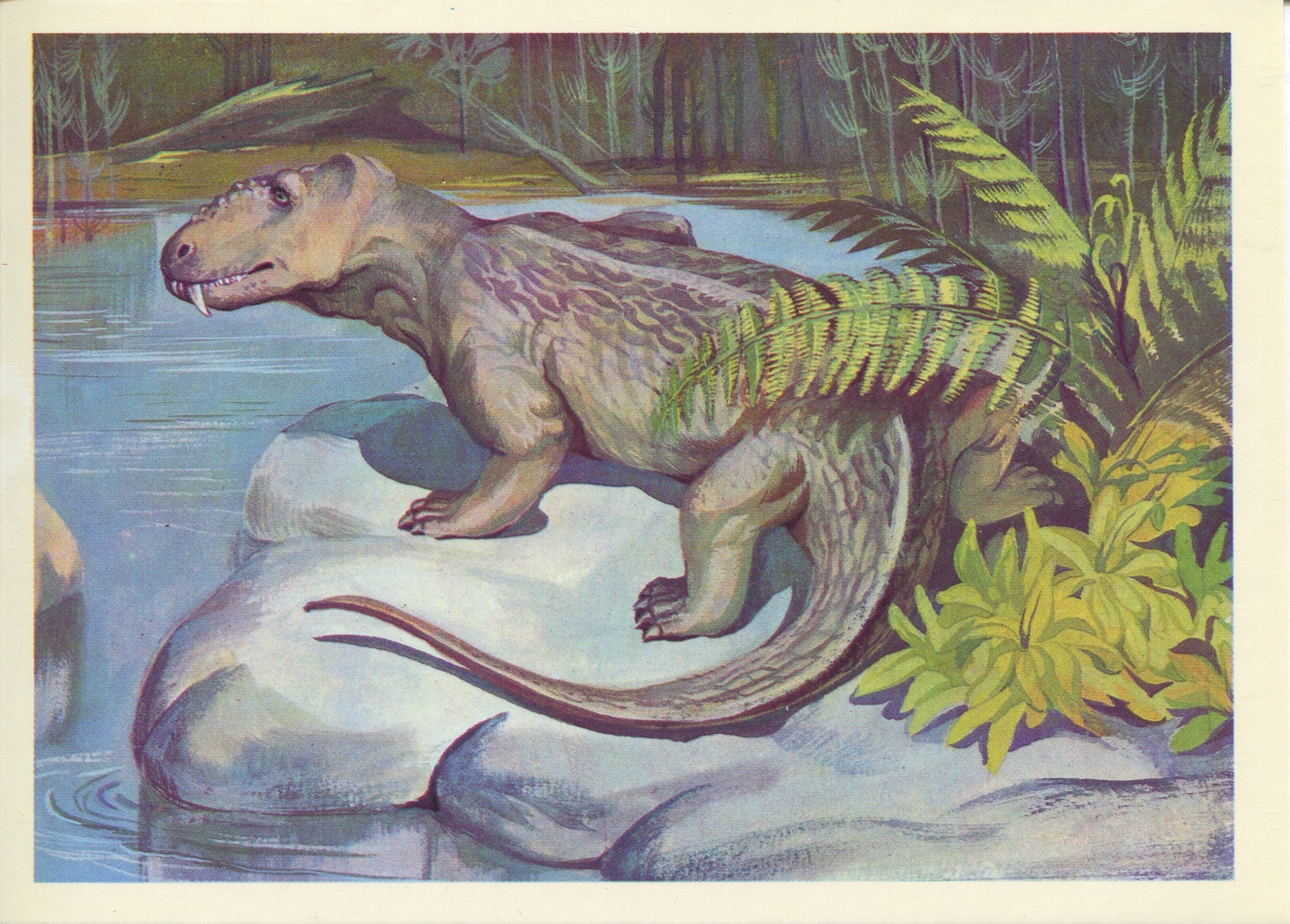 На рисунке изображен майаспондил вымершая рептилия. Палеозойская Эра стегоцефалы. Динозавры Триасового периода. Крокодилы мезозойской эры. Динозавры мезозоя.