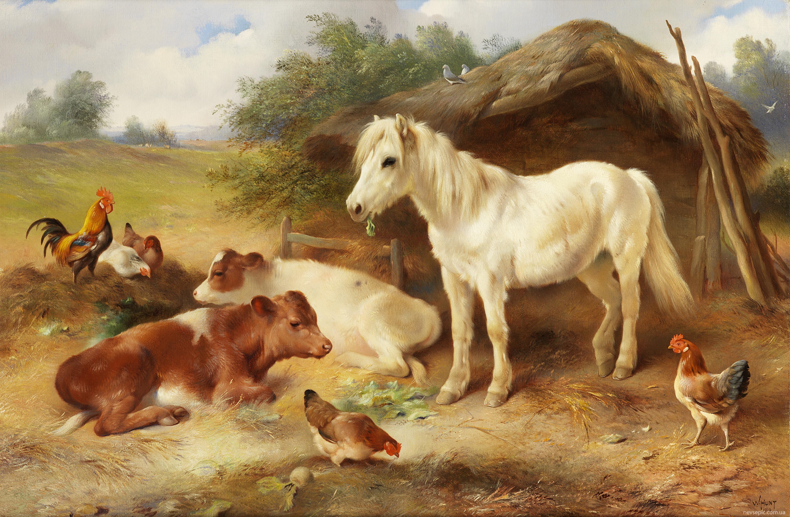 Лошади коровы и куры. Уолтер Хант (Walter Hunt) (1796–1859).. Художник Уолтер, Хант (Hunt Walter).