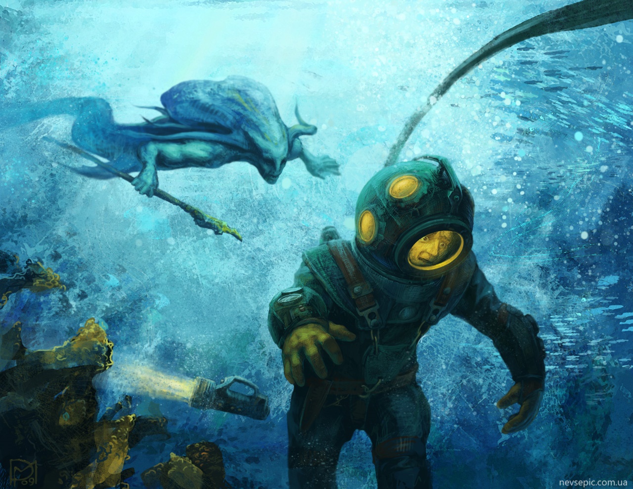 Адские ныряльщики. Чудовища морских глубин. Подводные монстры. Водолаз. Подводный монстр арт.