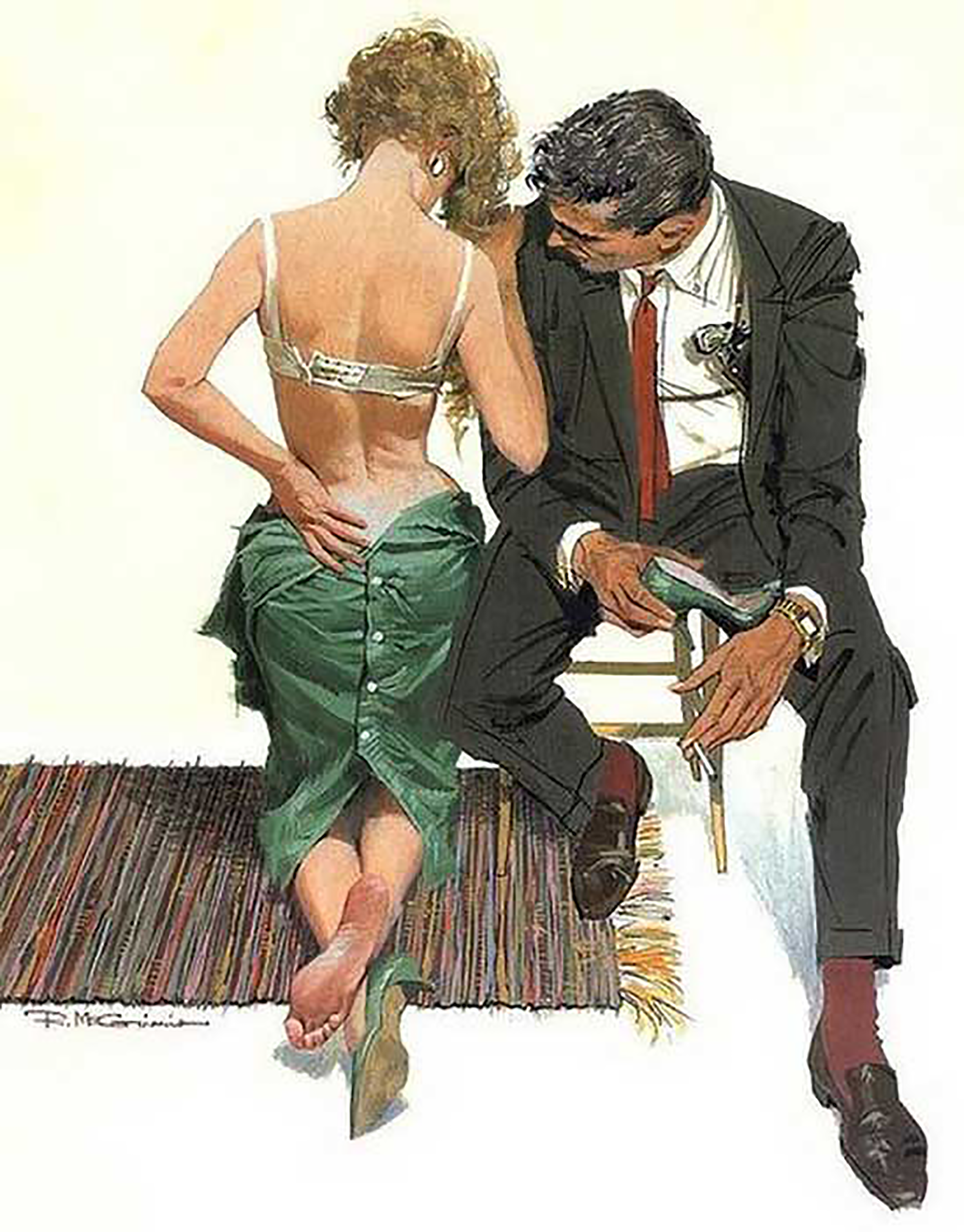 Жена мужу одевает чулки. Картины художника Robert MCGINNIS.